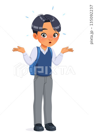 Confused Asian school boy shrugging shoulders. Cartoon vector illustration. 135092237