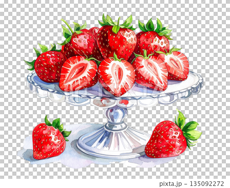 水彩插圖，描繪了擺放在玻璃架上的草莓 135092272