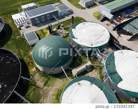 Aerial view of biogas plant with electric power station. Aerial view of biogas plant with electric power station. 135092397