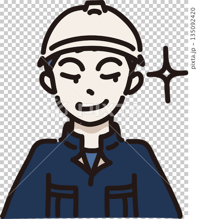 Illustration of a man wearing a helmet and work clothes with a scheming expression, navy blue uniform 135092420