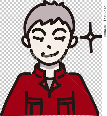 Illustration of a man wearing work clothes with a scheming expression - red uniform 135092421