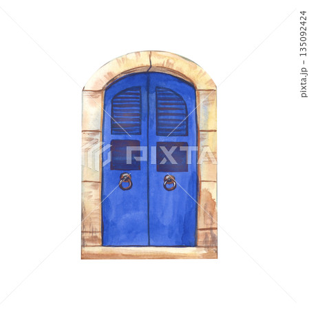 The traditional blue door, typical of the islands of Greece. Watercolor illustration of a realistic wooden door on an isolated background. A clipart for postcards, travel brochures, and printing. The traditional blue door, typical of the islands of Greece. Watercolor illustration of a realistic wooden door on an isolated background. A clipart for postcards, travel brochures, and printing. 135092424