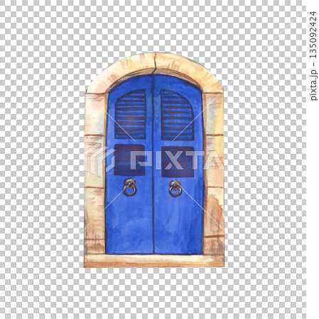 The traditional blue door, typical of the islands of Greece. Watercolor illustration of a realistic wooden door on an isolated background. A clipart for postcards, travel brochures, and printing. The traditional blue door, typical of the islands of Greece. Watercolor illustration of a realistic wooden door on an isolated background. A clipart for postcards, travel brochures, and printing. 135092424