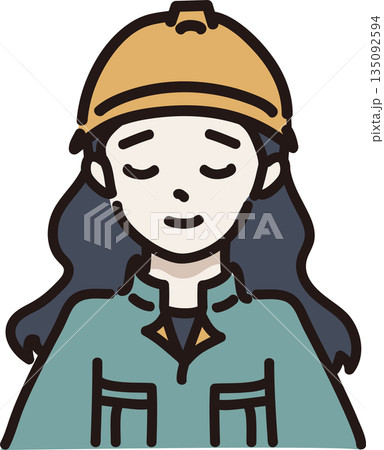 ヘルメットをかぶり許す表情の作業服を着た女性のイラスト　緑色の制服 135092594