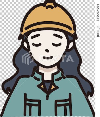 ヘルメットをかぶり許す表情の作業服を着た女性のイラスト　緑色の制服 135092594