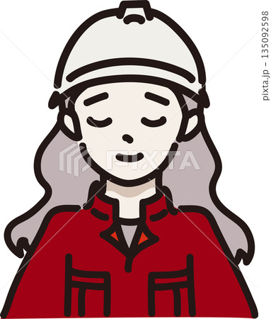 ヘルメットをかぶり許す表情の作業服を着た女性のイラスト　赤色の制服 135092598