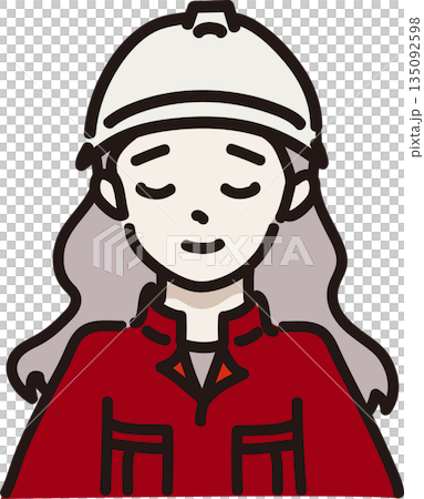 ヘルメットをかぶり許す表情の作業服を着た女性のイラスト　赤色の制服 135092598