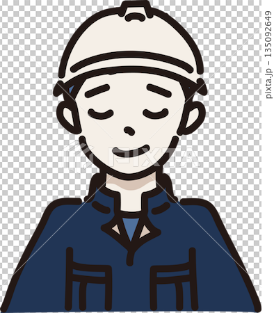 Illustration of a man wearing a helmet and work clothes with a forgiving expression, navy blue uniform Illustration of a man wearing a helmet and work clothes with a forgiving expression, navy blue uniform 135092649