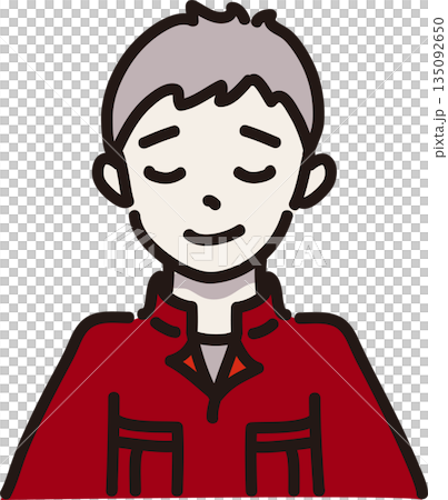 Illustration of a man wearing work clothes with a forgiving expression, red uniform Illustration of a man wearing work clothes with a forgiving expression, red uniform 135092650