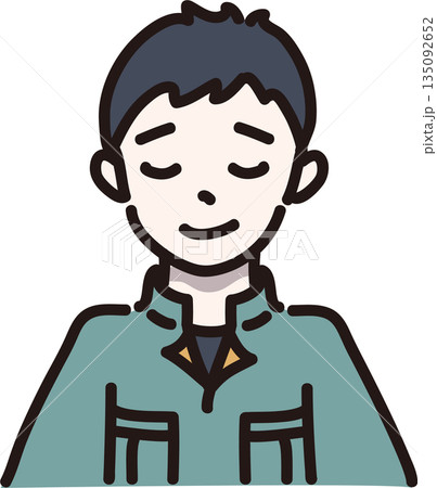 許す表情の作業服を着た男性のイラスト　緑色の制服 135092652