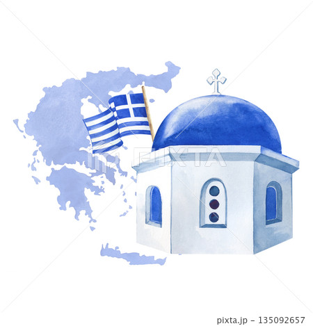 Watercolor composition with the blue dome of the church and the striped flag of Greece on the background of the silhouette of the country. A hand-drawn illustration of a Greek landmark on an isolated Watercolor composition with the blue dome of the church and the striped flag of Greece on the background of the silhouette of the country. A hand-drawn illustration of a Greek landmark on an isolated 135092657