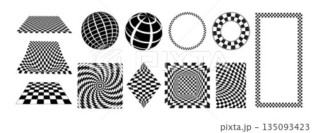 Set of chessboards planes, checkered figures and frames isolated on white background. Surfaces and forms with black and white checkerboard print. Vector graphic illustration Set of chessboards planes, checkered figures and frames isolated on white background. Surfaces and forms with black and white checkerboard print. Vector graphic illustration 135093423