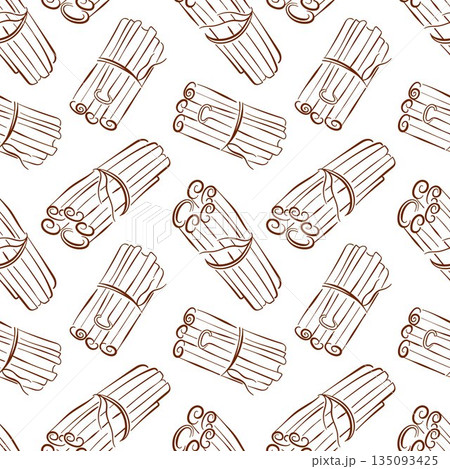 Seamless pattern of cinnamon stick tied in bundle on a white background in line art style. Design for bakery package or kitchen decor. Seamless pattern of cinnamon stick tied in bundle on a white background in line art style. Design for bakery package or kitchen decor. 135093425