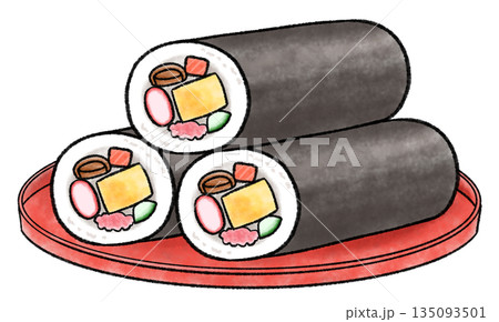 皿に乗った水彩風の恵方巻のイラスト 皿に乗った水彩風の恵方巻のイラスト 135093501