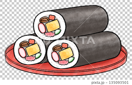 皿に乗った水彩風の恵方巻のイラスト 皿に乗った水彩風の恵方巻のイラスト 135093501
