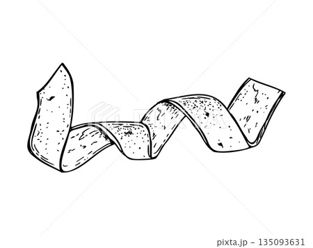 Spiral tangerine peel vector line art black ink sketch. Citrus skin in twist shape isolated illustration painted by black inks. Monochrome fruit ingredient for beverage packaging, cookbook design Spiral tangerine peel vector line art black ink sketch. Citrus skin in twist shape isolated illustration painted by black inks. Monochrome fruit ingredient for beverage packaging, cookbook design 135093631