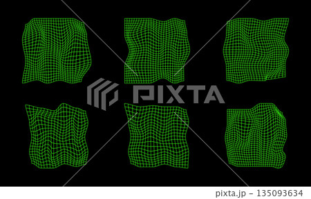 Set of green neon distorted grid structures in futuristic cyberpank style isolated on dark background. Warped retrofuturistic meshes. Tech nets with curvatured effect. Vector graphic illustration Set of green neon distorted grid structures in futuristic cyberpank style isolated on dark background. Warped retrofuturistic meshes. Tech nets with curvatured effect. Vector graphic illustration 135093634