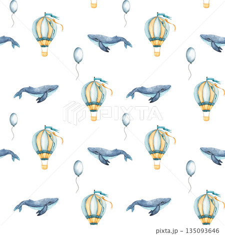 Seamless pattern with hot air balloons, balloons and whale. Childish wallpaper air balloons and Blue whale. Watercolor illustration of floating balloons for kids goods, kids wallpaper, wrapping paper Seamless pattern with hot air balloons, balloons and whale. Childish wallpaper air balloons and Blue whale. Watercolor illustration of floating balloons for kids goods, kids wallpaper, wrapping paper 135093646