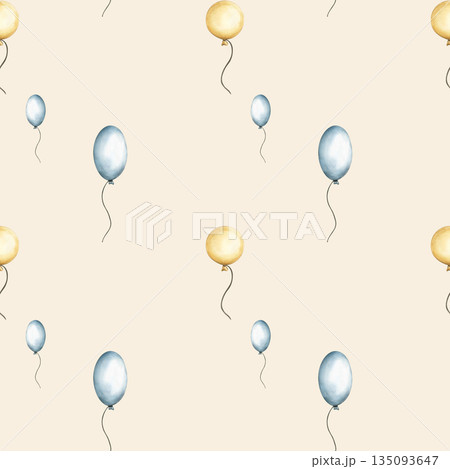 Seamless pattern with balloons in blue and beige colors. Watercolor hand drawn illustration of floating balloons for Happy birthday party, kids wallpaper and wrapping paper. Ornament for kids goods Seamless pattern with balloons in blue and beige colors. Watercolor hand drawn illustration of floating balloons for Happy birthday party, kids wallpaper and wrapping paper. Ornament for kids goods 135093647