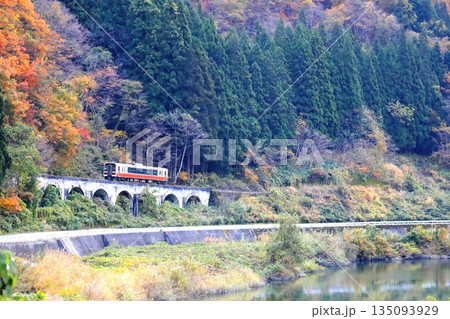 紅葉のめがね橋と只見線／福島県大沼郡金山町 135093929