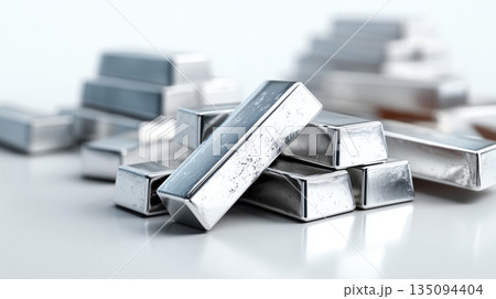 Silver bars with bright metallic shine and reflections 135094404