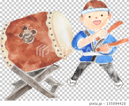 兒童演奏日本鼓的向量插圖 135094428