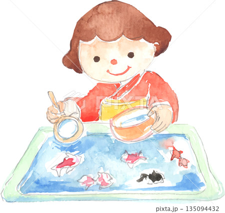 浴衣を着て金魚すくいをする女の子　ベクター 135094432