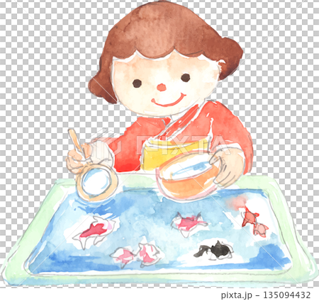 浴衣を着て金魚すくいをする女の子　ベクター 135094432