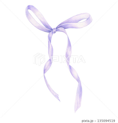 Lilac coquette satin bow watercolor illustration on isolated background. Hair braiding or gift purple tied ribbon with long tails. Accessory for flower bouquets, birthday cards, Valentine day. 135094519