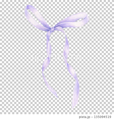 Lilac coquette satin bow watercolor illustration on isolated background. Hair braiding or gift purple tied ribbon with long tails. Accessory for flower bouquets, birthday cards, Valentine day. 135094519