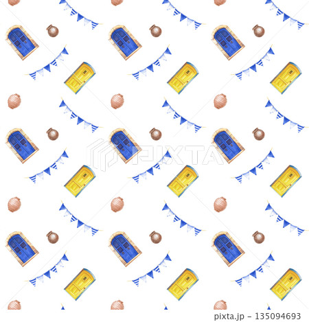 Seamless pattern with blue and yellow doors, blue striped flags, brown ceramic pots on an isolated background. Background with traditional Greek architectural elements for tourism business, wallpaper 135094693