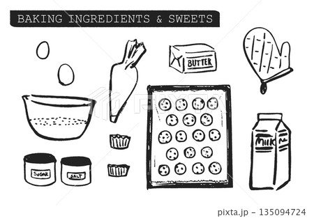 手描き お菓子作り 道具 線画 イラストセット2 手描き お菓子作り 道具 線画 イラストセット2 135094724