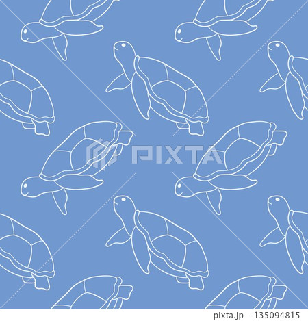Seamless blue pattern with line art style swimming sea turtle. Marine themed design for summer textile. Seamless blue pattern with line art style swimming sea turtle. Marine themed design for summer textile. 135094815