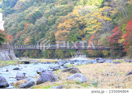 塩原温泉郷の紅の吊橋／栃木県那須塩原市 135094904