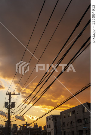茜色に染まった夕焼け空に浮かび上がる黒い電線 茜色に染まった夕焼け空に浮かび上がる黒い電線 135094912