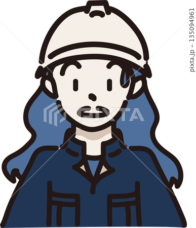 ヘルメットをかぶり作業服を着た驚く女性のイラスト 紺色の制服 ヘルメットをかぶり作業服を着た驚く女性のイラスト 紺色の制服 135094961