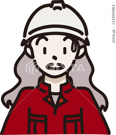 ヘルメットをかぶり作業服を着た驚く女性のイラスト　赤色の制服 135094963