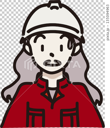 Illustration of a surprised woman wearing a helmet and work clothes, red uniform 135094963