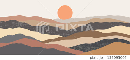 Abstract mountain landscape hand drawn vector background with sunset and brown hills for valentine wedding invitation card boho nature wall art illustration Abstract mountain landscape hand drawn vector background with sunset and brown hills for valentine wedding invitation card boho nature wall art illustration 135095005