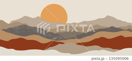 Boho minimalist mountain landscape hand drawn vector with large sun and warm earth tones for valentine card background nature aesthetic wall art illustration 135095006