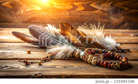 Boho Feather Jewelry With Beads on Warm Wooden Surface at Sunset. 135095196