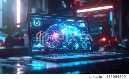 Digital technology and nightclub music concept featuring a DJ mixer in action with a fiber optics background of light spots 135095220