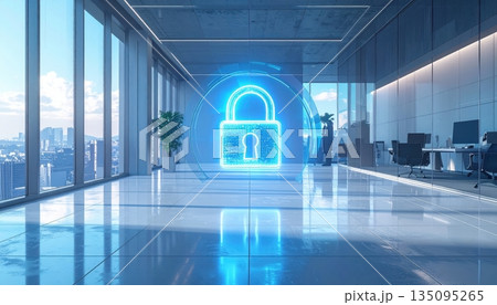 Abstract blue binary code tunnel and lights through the city street highlighting technology and the internet network in a night building architecture 135095265