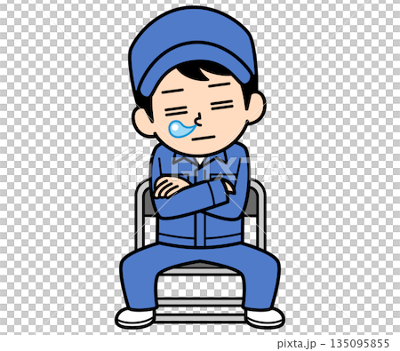 A simple worker man dozing off while sitting on a pipe chair 135095855