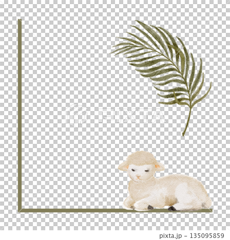 Watercolor lamb with palm leaf frame, hand-painted illustration isolated on white. Easter and Palm Sunday design with copy space, ideal for church invitation, card, faith-based decor. worship project. 135095859