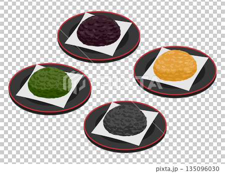 Illustration of ohagi (red bean paste, kinako, green laver, black sesame) Illustration of ohagi (red bean paste, kinako, green laver, black sesame) 135096030