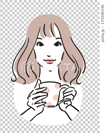 Line drawing of a woman with medium-long hair holding a mug Line drawing of a woman with medium-long hair holding a mug 135096346