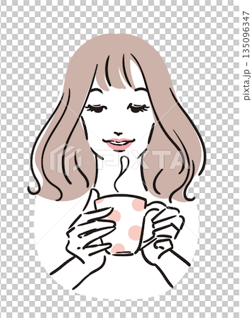 Line drawing of a woman with medium-long hair holding a mug 135096347