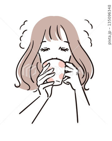 コーヒーをじっくり味わう女性のシンプルな線画イラスト 135096348