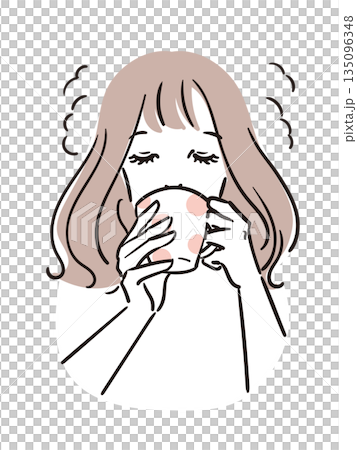 コーヒーをじっくり味わう女性のシンプルな線画イラスト 135096348